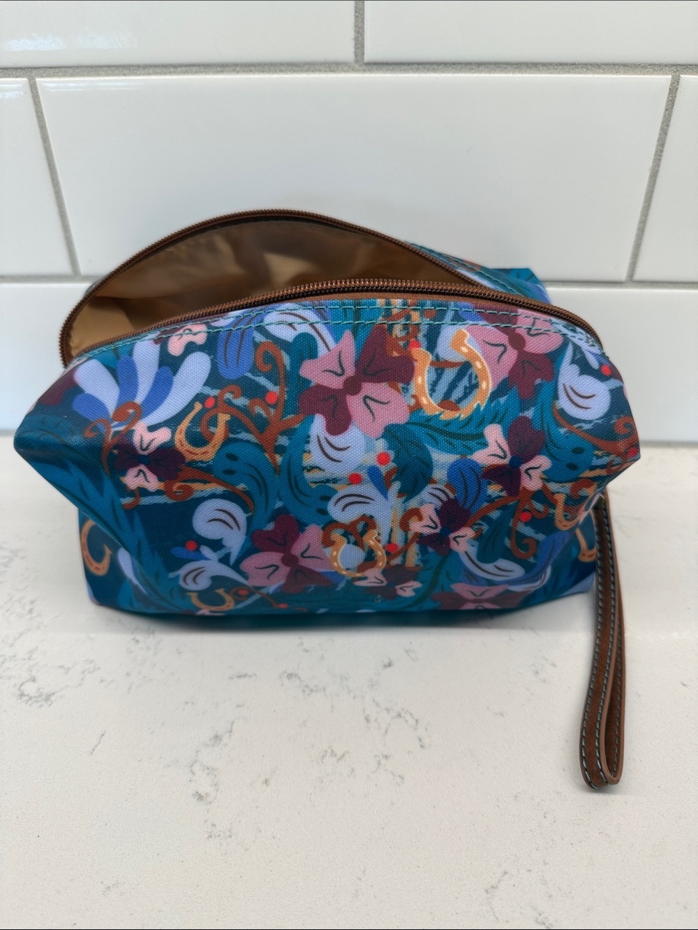Catchfly Studio Floral Teal Wristlet Cosmetic Pouch with removable strap